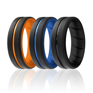 ROQ 3 Pack- ROQ Silicone Men Wedding Bands - breathable - middleline 7 3 Pack - Silicone Ring For Men-  Breathable Comfort Fit Duo Engraved Middle Line