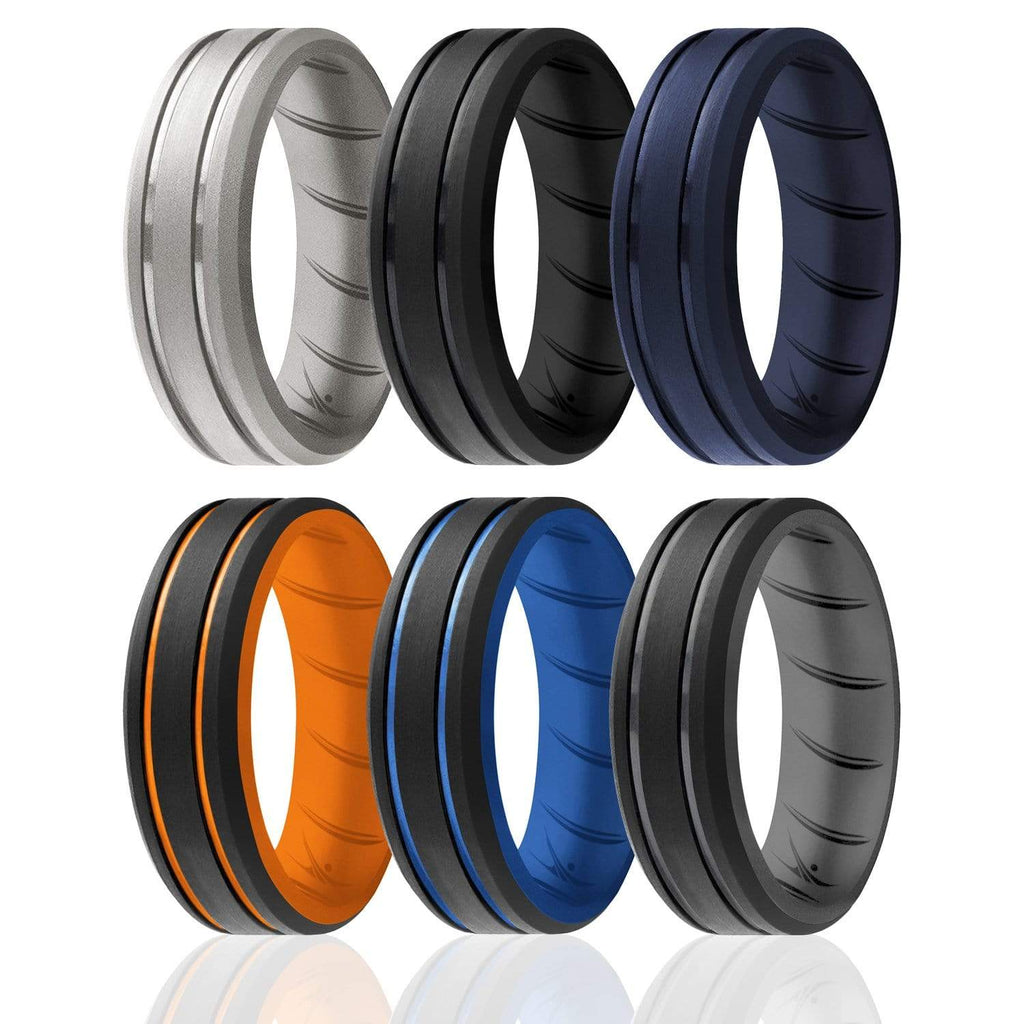 ROQ 4 Pack- ROQ Silicone Men Wedding Bands - breathable - middleline 6 Pack - Silicone Ring For Men-  Breathable Comfort Fit Duo 2 Lines Engraved