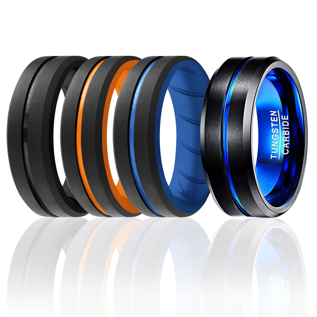 ROQ 4 Pack- ROQ Silicone Men Wedding Bands - breathable - Tungsten ROQ Tungsten Carbide Wedding Band Ring for Men and Set of 3 Silicone Rings 8mm Comfort Fit Lifetime Guarantee