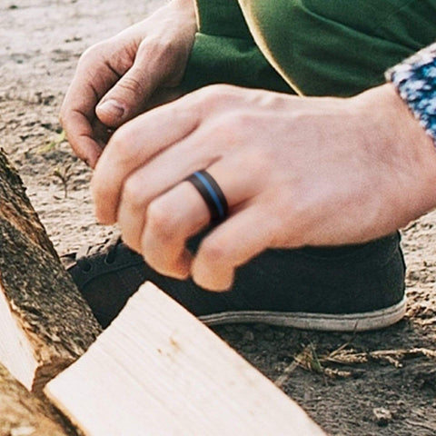 Image of ROQ Mens 4 Pack Dome Style Thin Middle Line 8mm Wide 4 Pack - Silicone Ring for Men - Dome Style and Dome Style with Middle Line