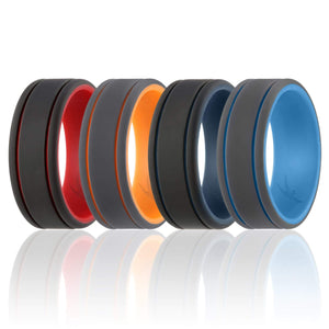 ROQ Mens 4 Pack Duo Collection Dome Style 9mm Wide 7 4 Pack - Silicone Ring for Men - Duo Collection 2 Thin Lines