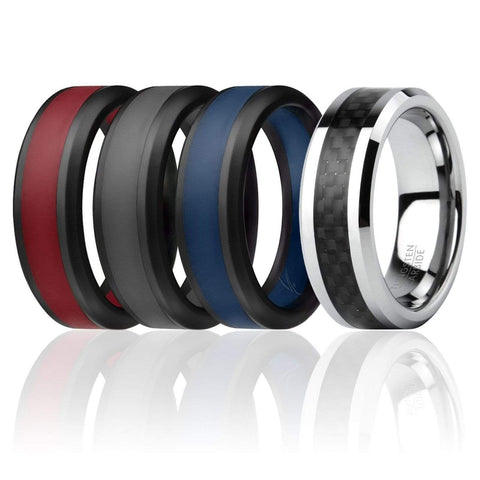 Image of ROQ Mens 4 Pack Full Cycle Collection 9mm Wide 7 ROQ Tungsten Carbide Wedding Band Ring for Men and Set of 3 Silicone Rings 8mm Comfort Fit Lifetime Guarantee