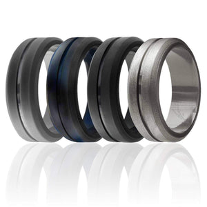 ROQ Mens 4 Pack Middle Engraved Line Beveled Edges 8mm Wide 7 4 Pack - Silicone Ring for Men - Engraved Middle Line