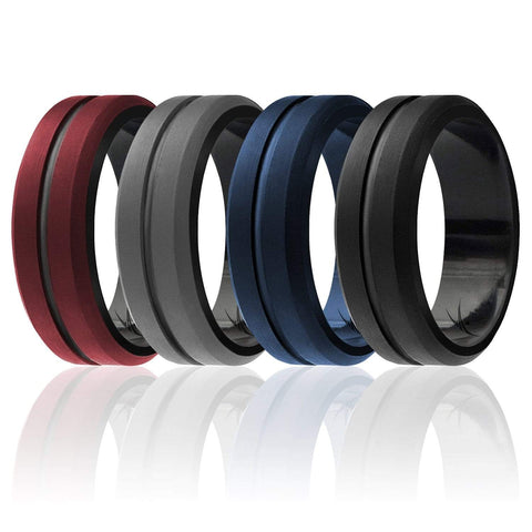 Image of ROQ Mens 4 Pack Step Edge Duo Collection 9mm Wide 7 4 Pack - Silicone Ring for Men - Engraved Middle Line Duo Collection