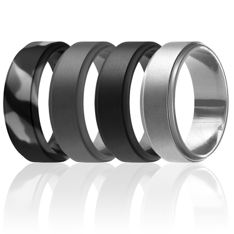 Image of ROQ Mens 4 Pack Step Edge Style 8mm Wide 7 4 Pack - Silicone Ring for Men - Step Edge Style
