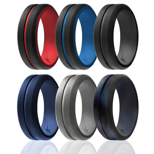 ROQ Mens 6 Pack Middle Engraved Line Beveled Edges 8mm Wide 7 6 Pack - Silicone Ring for Men - Engraved Middle Line Duo Collection