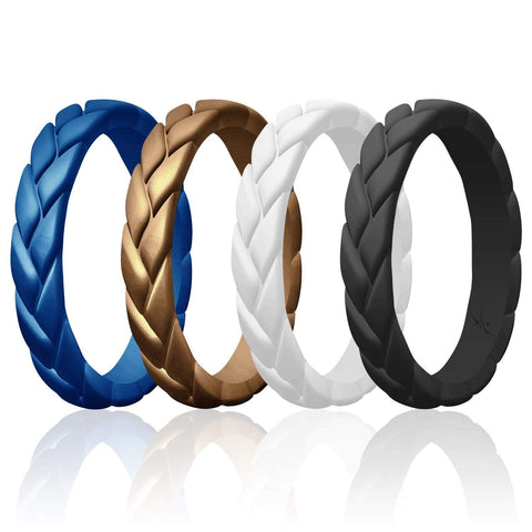 Image of ROQ Womens 2 Pack Stackable Braided Pave Knife Edge Style 2.5mm Wide 4 Rings for Women - Thin Stackable - Leaves Style