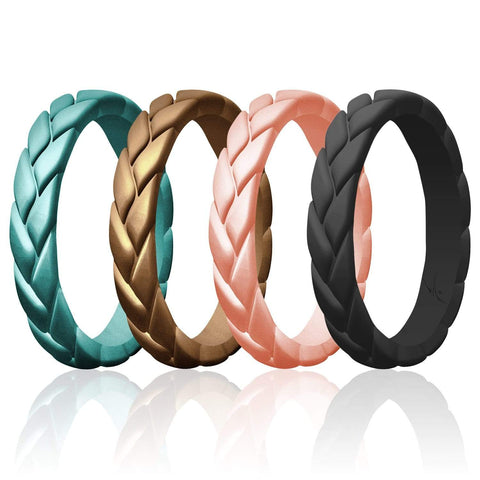 Image of ROQ Womens 2 Pack Stackable Braided Pave Knife Edge Style 2.5mm Wide 4 Rings for Women - Thin Stackable - Leaves Style