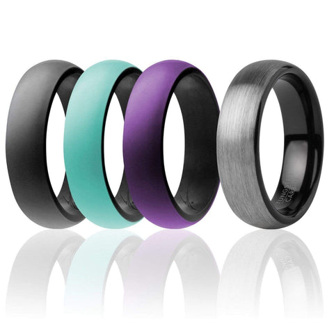 Image of ROQ Womens 4 Pack Full Cycle Collection 6mm Dome Style Comfort Fit Wide ROQ Tungsten Carbide Wedding Band Ring for Women and Set of 3 Silicone Rings 6mm Comfort Fit Lifetime Guarantee