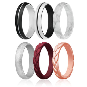 ROQ Womens 6 Pack Middle Line Duo Collection Style 4mm Wide 4 6 Pack - Silicone Ring for Women - Engraved Middle Line Duo Collection