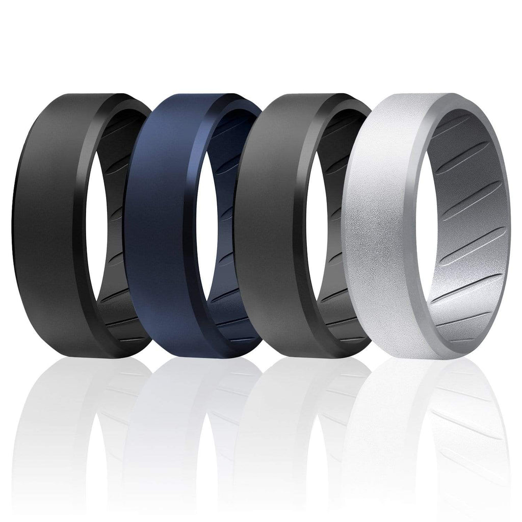 ROQ 4 Pack- ROQ Silicone Men Wedding Bands - breathable - edge 7 4 Pack - Silicone Ring For Men-  Breathable Comfort Fit Beveled Design