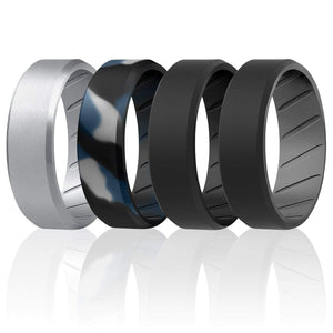 ROQ 4 Pack- ROQ Silicone Men Wedding Bands - breathable - edge 7 4 Pack - Silicone Ring For Men-  Breathable Comfort Fit Duo Beveled Design