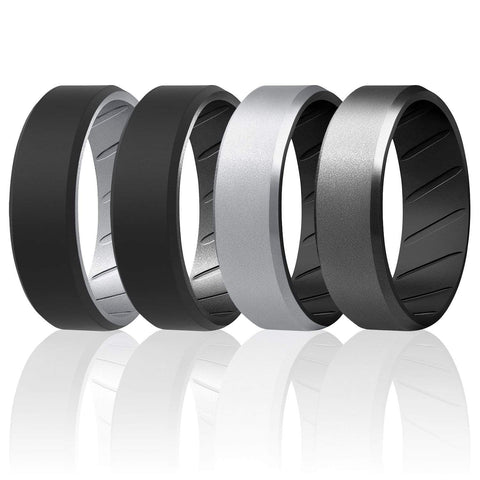 ROQ 4 Pack - ROQ Silicone Men wedding bands - breathable - Edge 7 Silicone Ring For Men-  Breathable Comfort Fit Beveled Design