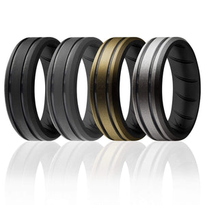 ROQ 4 Pack- ROQ Silicone Men Wedding Bands - breathable - middleline 4 Pack - Silicone Ring For Men-  Breathable Comfort Fit Duo 2 Lines Engraved