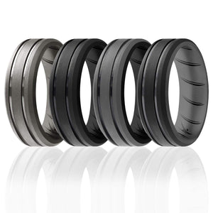 ROQ 4 Pack- ROQ Silicone Men Wedding Bands - breathable - middleline 7 4 Pack - Silicone Ring For Men-  Breathable Comfort Fit Duo 2 Lines Engraved
