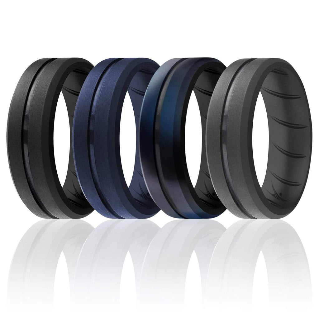 ROQ 4 Pack- ROQ Silicone Men Wedding Bands - breathable - middleline 7 4 Pack - Silicone Ring For Men-  Breathable Comfort Fit Duo Engraved Middle Line