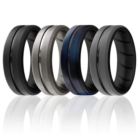 ROQ 4 Pack- ROQ Silicone Men Wedding Bands - breathable - middleline 7 4 Pack - Silicone Ring For Men-  Breathable Comfort Fit Duo Engraved Middle Line