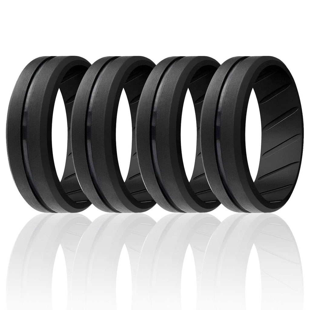 ROQ 4 Pack- ROQ Silicone Men Wedding Bands - breathable - middleline 7 4 Pack - Silicone Ring For Men-  Breathable Comfort Fit Engraved Middle Line