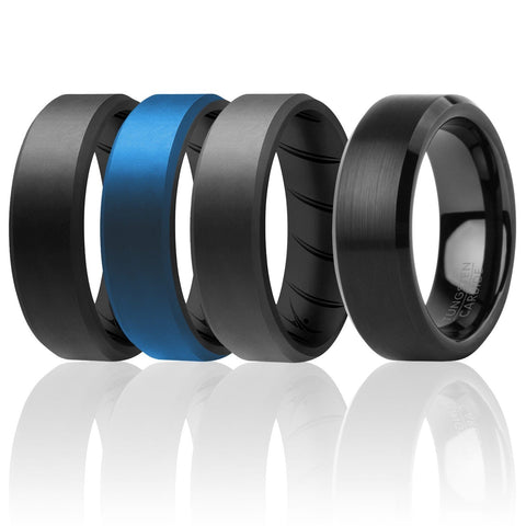 Image of ROQ 4 Pack- ROQ Silicone Men Wedding Bands - breathable - Tungsten 7 ROQ Tungsten Carbide Wedding Band Ring for Men and Set of 3 Silicone Rings 8mm Comfort Fit Lifetime Guarantee