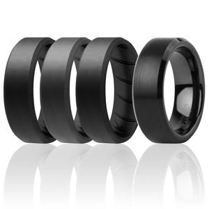 ROQ 4 Pack- ROQ Silicone Men Wedding Bands - breathable - Tungsten ROQ Tungsten Carbide Wedding Band Ring for Men and Set of 3 Silicone Rings 8mm Comfort Fit Lifetime Guarantee