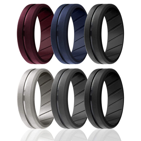 Image of ROQ 6 Pack- ROQ Silicone Men Wedding Bands - breathable - middleline 7 6 Pack - Silicone Ring For Men-  Breathable Comfort Fit Engraved Middle Line