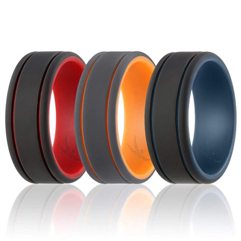 Image of ROQ Mens 3 Pack Duo Collection 2 Thin Lines 9mm Wide 7 3 Pack - Silicone Ring for Men - Duo Collection 2 Thin Lines