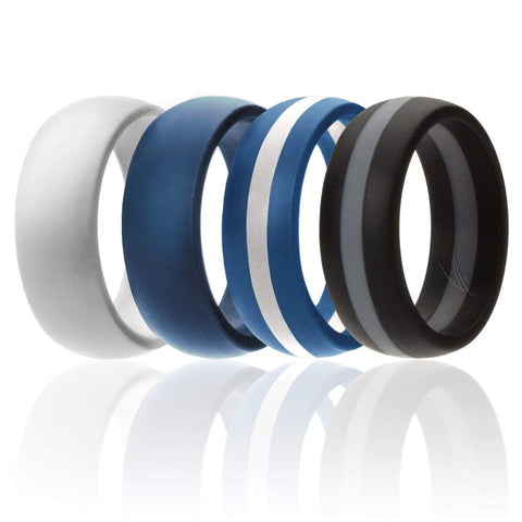 Image of ROQ Mens 4 Pack Dome Style Thin Middle Line 8mm Wide 7 4 Pack - Silicone Ring for Men - Dome Style and Dome Style with Middle Line