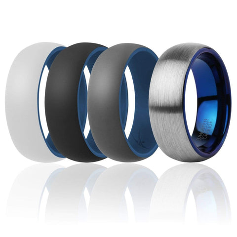 Image of ROQ Mens 4 Pack Full Cycle Collection 8mm Wide 7 ROQ Tungsten Carbide Wedding Band Ring for Men and Set of 3 Silicone Rings 8mm Comfort Fit Lifetime Guarantee