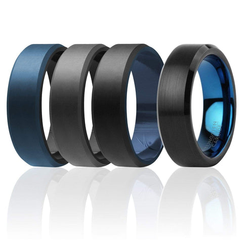 ROQ Mens 4 Pack Full Cycle Collection 8mm Wide 7 ROQ Tungsten Carbide Wedding Band Ring for Men and Set of 3 Silicone Rings 8mm Comfort Fit Lifetime Guarantee