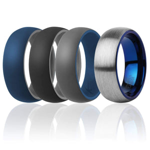 ROQ Mens 4 Pack Full Cycle Collection 8mm Wide ROQ Tungsten Carbide Wedding Band Ring for Men and Set of 3 Silicone Rings 8mm Comfort Fit Lifetime Guarantee