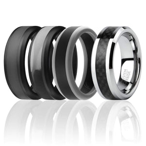 ROQ Mens 4 Pack Full Cycle Collection 9mm Wide 7 ROQ Tungsten Carbide Wedding Band Ring for Men and Set of 3 Silicone Rings 8mm Comfort Fit Lifetime Guarantee