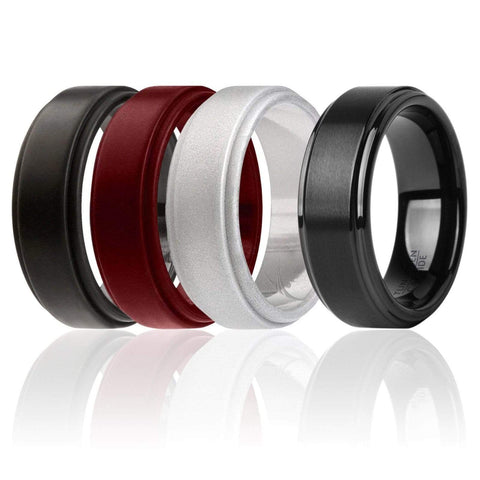 Image of ROQ Mens 4 Pack Full Cycle Collection Step Style 9mm Wide 7 ROQ Tungsten Carbide Wedding Band Ring for Men and Set of 3 Silicone Rings 8mm Comfort Fit Lifetime Guarantee