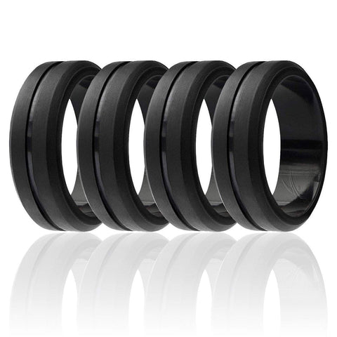 Image of ROQ Mens 4 Pack Middle Engraved Line Beveled Edges 8mm Wide 7 4 Pack - Silicone Ring for Men - Engraved Middle Line