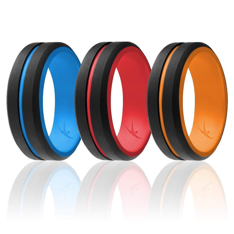 Image of ROQ Mens 4 Pack Step Edge Duo Collection 9mm Wide 3 Pack - Silicone Ring for Men - Engraved Middle Line Duo Collection
