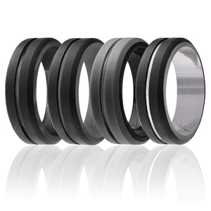 4 Pack - Silicone Ring for Men - Engraved Middle Line Duo Collection