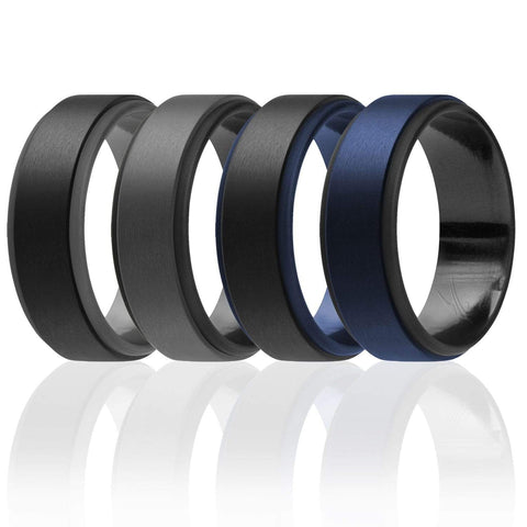 Image of ROQ Mens 4 Pack Step Edge Duo Collection 9mm Wide 7 4 Pack - Silicone Ring for Men - Step Edge Duo Collection