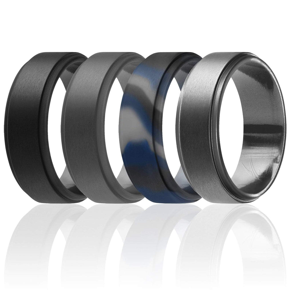 ROQ Mens 4 Pack Step Edge Style 8mm Wide 4 Pack - Silicone Ring for Men - Step Edge Style