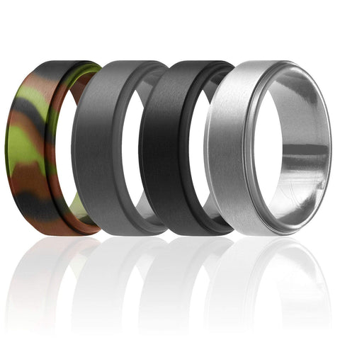 Image of ROQ Mens 4 Pack Step Edge Style 8mm Wide 7 4 Pack - Silicone Ring for Men - Step Edge Style