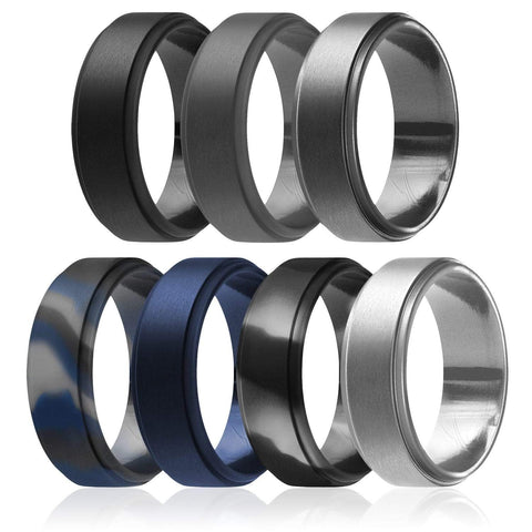 Image of ROQ Mens 7 Pack Step Edge Style 8mm Wide 7 7 Pack - Silicone Ring for Men - Step Edge Style