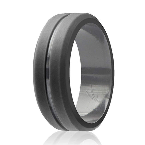 Image of ROQ Mens Middle Engraved Line Beveled Edges 8mm Wide 7 Silicone Ring for Men - Engraved Middle Line