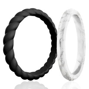 2 Pack - Silicone Rings for Women - Thin Stackable - Braided and Pave Knife Edge Style