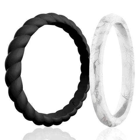 Image of 2 Pack - Silicone Rings for Women - Thin Stackable - Braided and Pave Knife Edge Style
