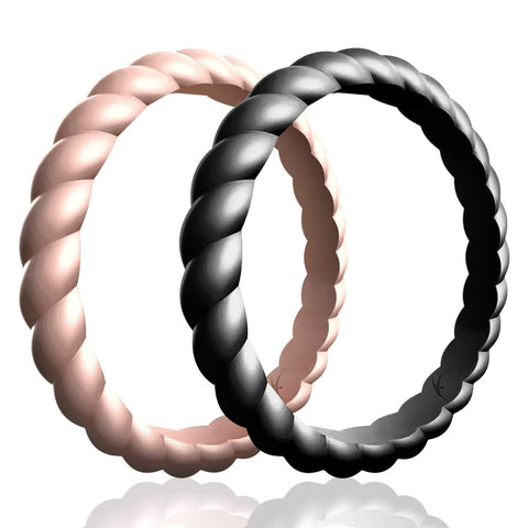 ROQ Womens 2 Pack Stackable Braided Style 2.5mm Wide 4 2 Pack - Silicone Rings for Women - Thin Stackable - Braided Style