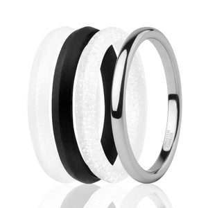 ROQ Womens 4 Pack Full Cycle Collection 2mm Stackable Style Comfort Fit Wide 4 ROQ Tungsten Carbide Wedding Band Ring for Women and Set of 3 Silicone Rings 2mm Comfort Fit Lifetime Guarantee