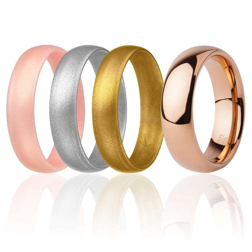 ROQ Womens 4 Pack Full Cycle Collection 6mm Dome Style Comfort Fit Wide 4 ROQ Tungsten Carbide Wedding Band Ring for Women and Set of 3 Silicone Rings 6mm Comfort Fit Lifetime Guarantee