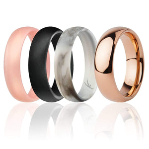 ROQ Womens 4 Pack Full Cycle Collection 6mm Dome Style Comfort Fit Wide 4 ROQ Tungsten Carbide Wedding Band Ring for Women and Set of 3 Silicone Rings 6mm Comfort Fit Lifetime Guarantee