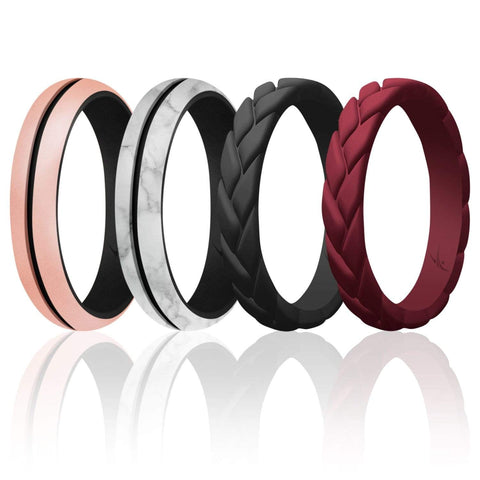 ROQ Womens 4 Pack Middle Line Duo Collection Style 4mm Wide 4 4 Pack - Silicone Ring for Women - Engraved Middle Line Duo Collection