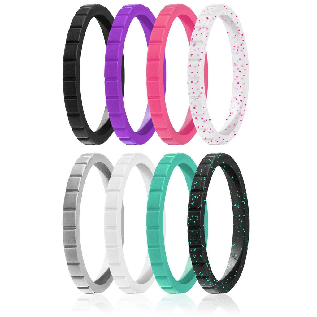 ROQ Womens 8 Pack Stackable Horizontal Lines Style 2.5mm Wide 4 8 Pack - Silicone Rings for Women - Thin Stackable - Horizontal Lines